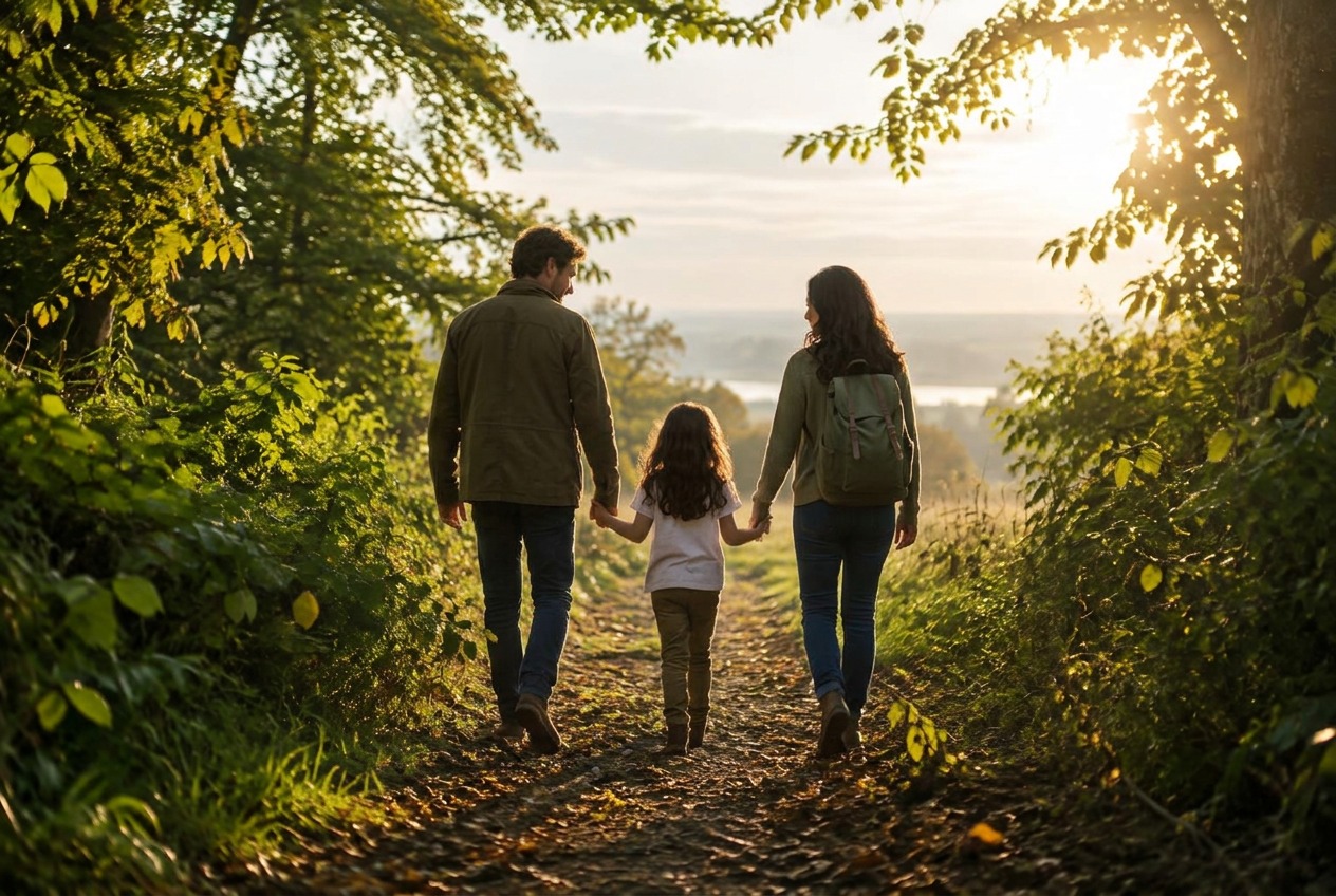A mother, father, and daughter walking hand in hand beneath trees