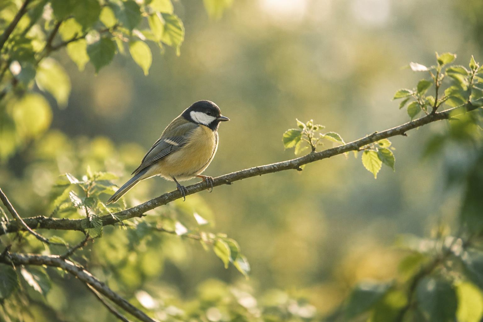 A small bird perched in spring leaves