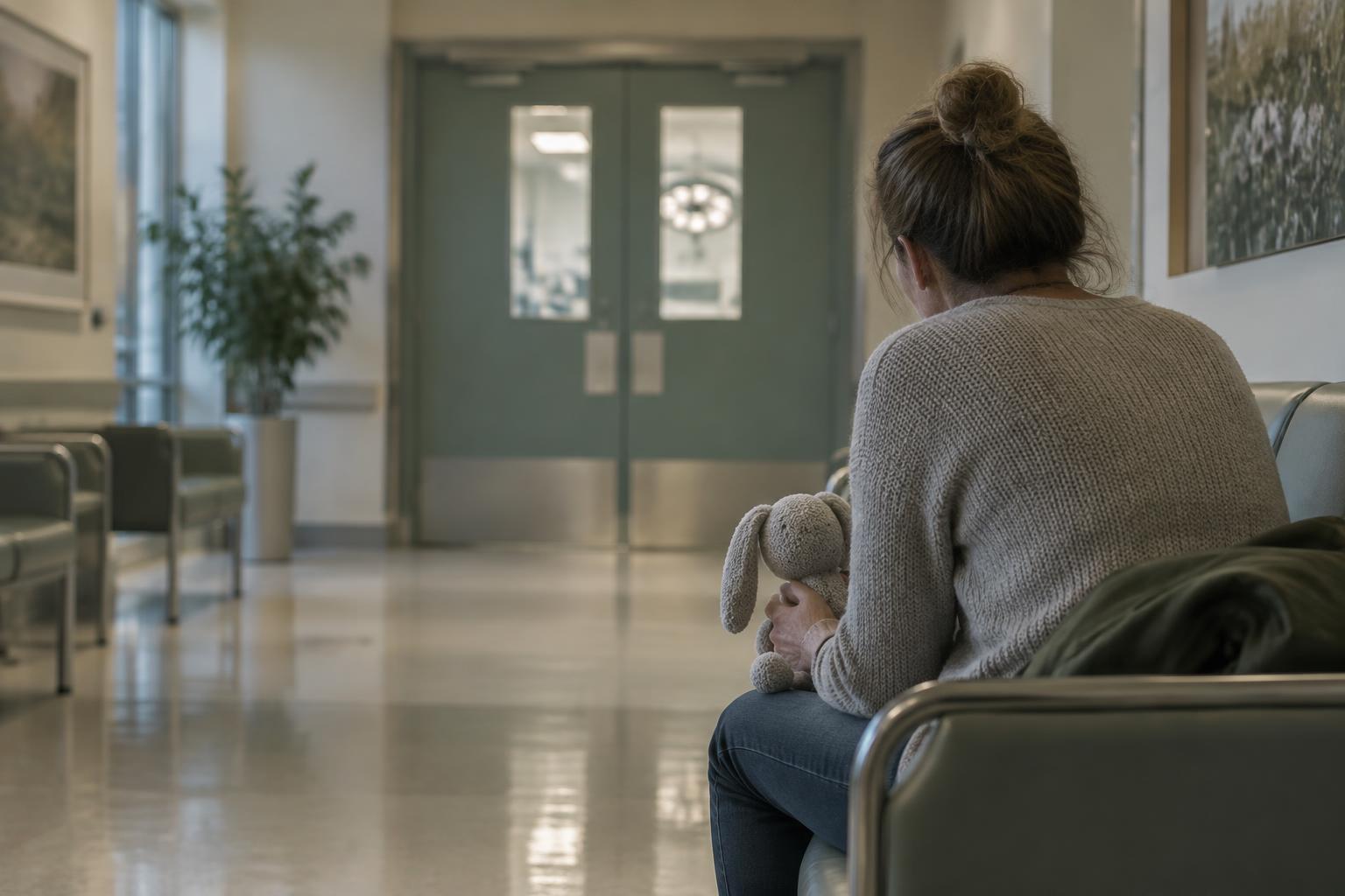 A parent holding a child's toy outside an operating room