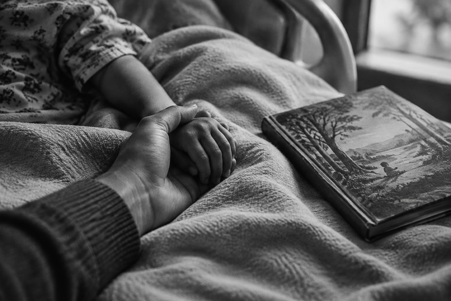 A parent holding a child’s hand beside a picture book