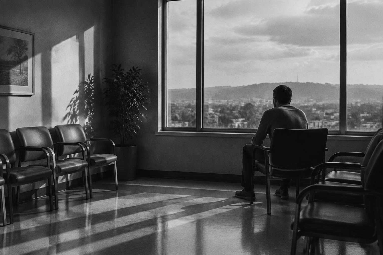 A parent waiting by a hospital window